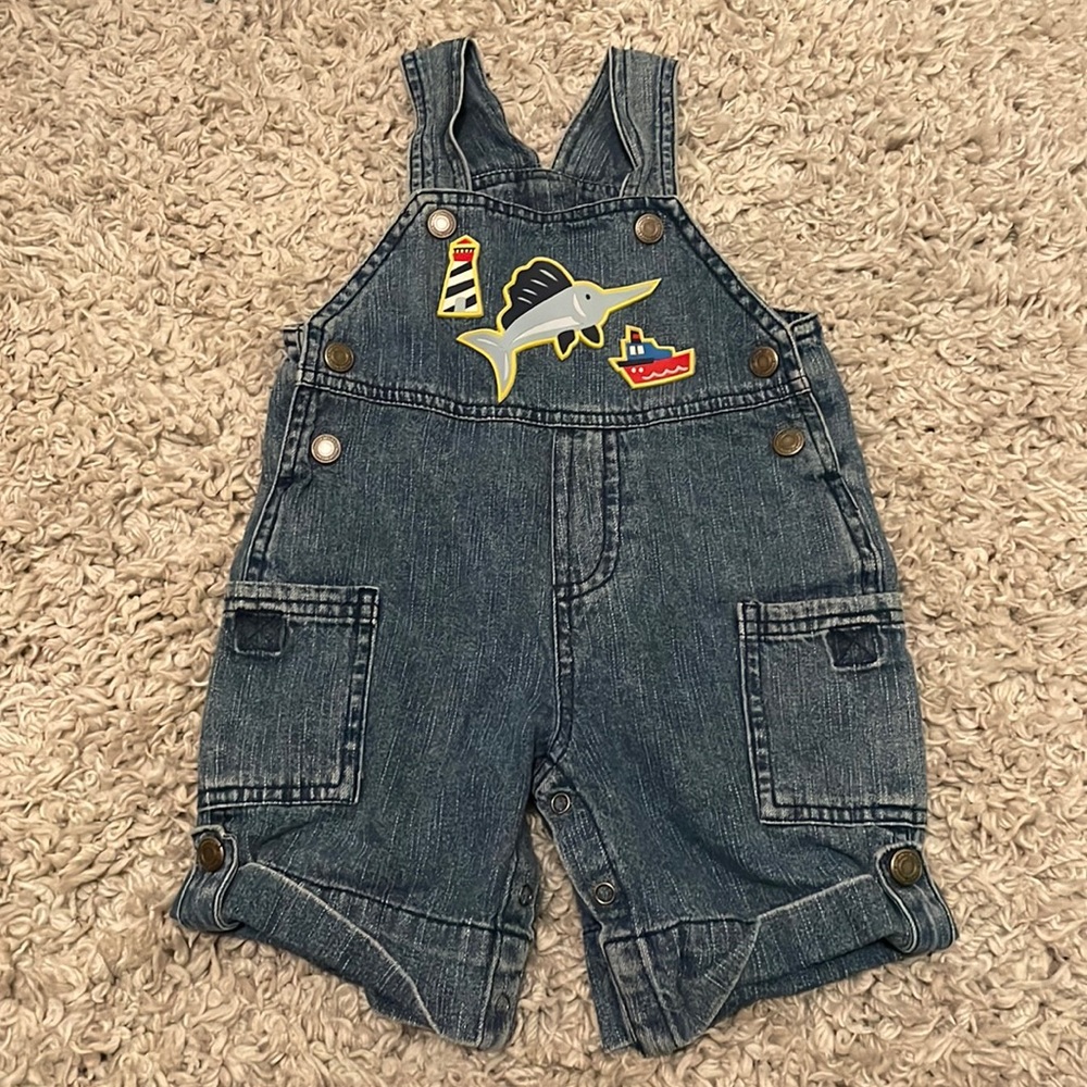 Vintage Buster Brown Swordfish Denim Overalls, Size 12 Months
